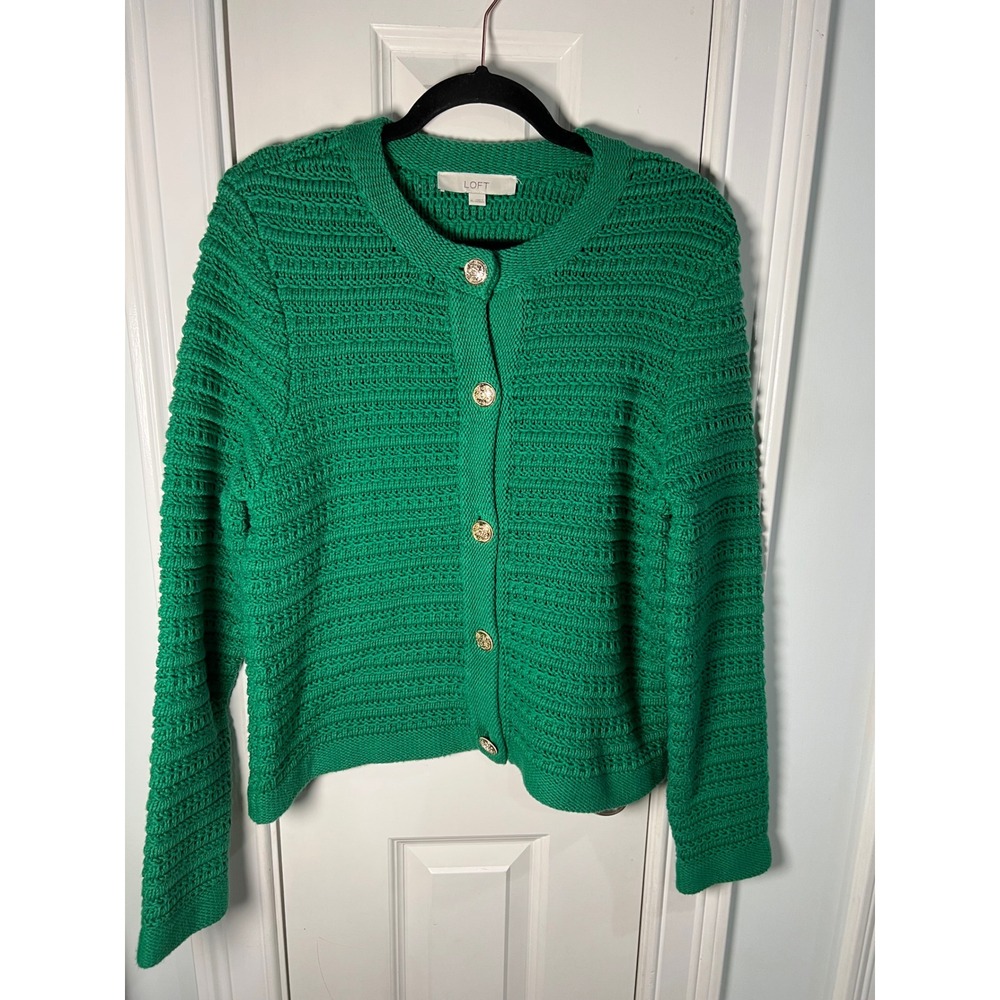 Loft Green Textured Knit Cardigan Gold Crest Buttons XL
